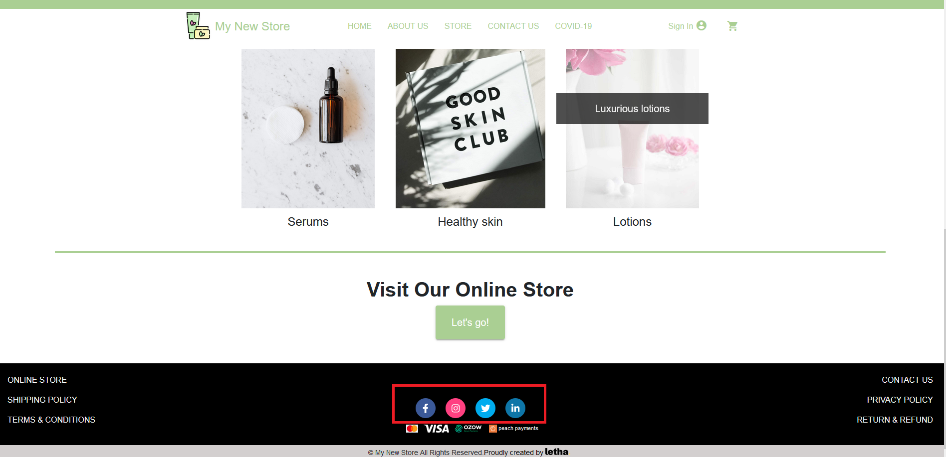 Letha shop created ecommerce site footer